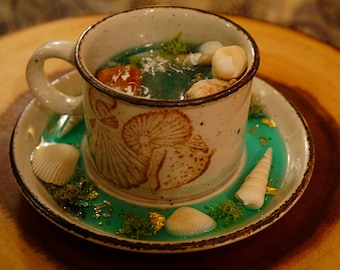 Resina epoxi Ocean Lover Art Diorama / Paisaje marino realista en conjunto de taza de cerámica con conchas y arena