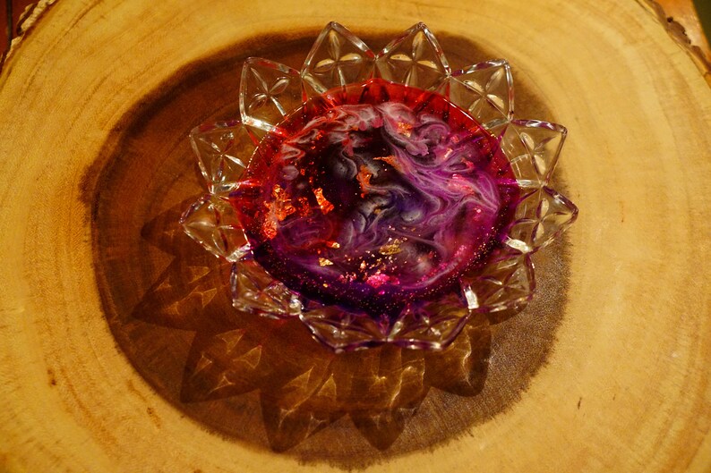 Purple /& Gold Leaf Red Epoxy Resin Art in Starburst Cut Glass Dish Jewelry Tray