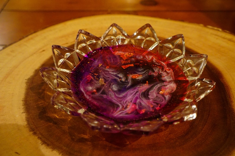 Purple /& Gold Leaf Red Epoxy Resin Art in Starburst Cut Glass Dish Jewelry Tray