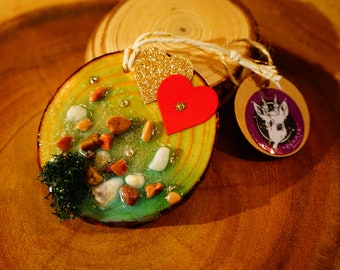Seascape on Wood Slice Ornament | Ocean Love Decor w/ Swarovski Gems | Epoxy Resin Diorama