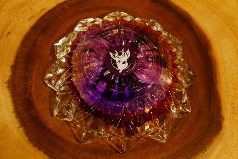 Purple /& Gold Leaf Red Epoxy Resin Art in Starburst Cut Glass Dish Jewelry Tray