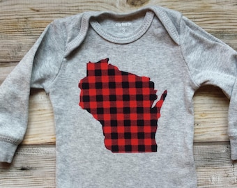 Wisconsin Baby Bodysuit-WI Baby Gender Neutral Gift-WI New Baby Gift-Wisconsin Baby Christmas Gift-Plaid Gift-Wisconsin Baby-WI baby shower