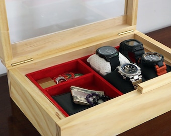 Custom Watch Box For Men - Best Wooden Organizer - Secret Box With Hidden Lock - Interchangeable Divider.wooden gifts for men