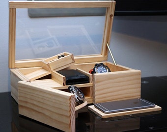 Minimalist Natural Wooden Jewelry Box - Secret Hidden Compartment - Custom - Personal Organizer. wooden lock box. wooden gifts for men