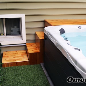 Japanese Style Onsen Steps & Table, Custom Design Cedar Wood 3 Steps. Wide Table For Hot Tub/Spa, Outdoor Jacuzzi Modern. stairs wood