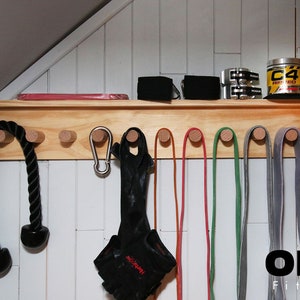 Multi-Purpose Home Gym Wall Shelf | Wood Hanger, Holder, Organizer | Resistance Bands, Lifting Belts, Chains, Jump Ropes. wood wall shelf