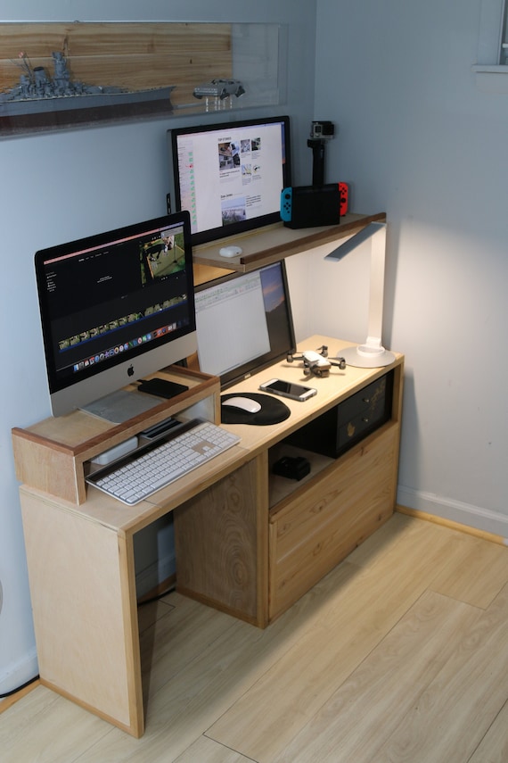 Wooden Desk for Home Office, Low Profile Desk, Floating Monitor Shelf,  Monitor Elevator, Clutter Cover, Wire Hider. Natural Wood Desk. 