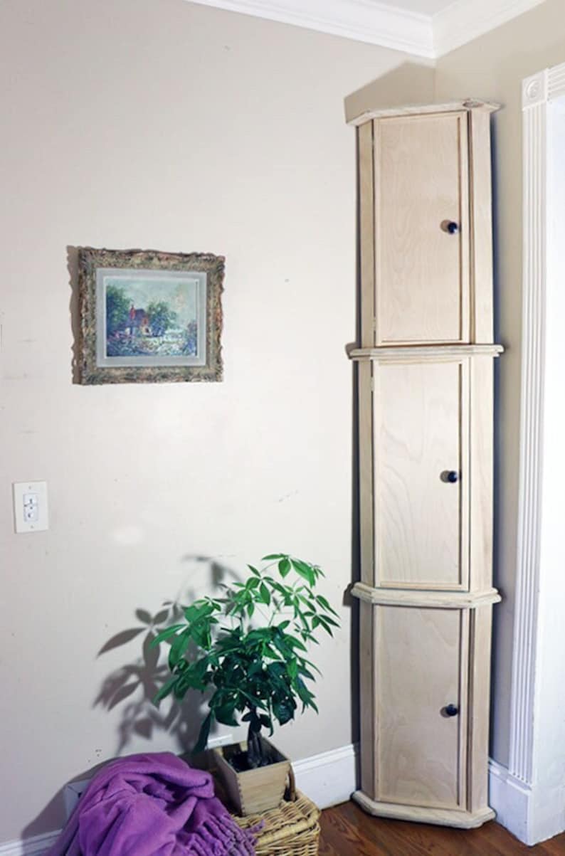 May include: A white corner cabinet with three shelves and doors. The cabinet has a simple design with black knobs. A small potted plant and a purple blanket are in the foreground.