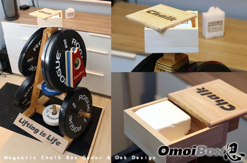 May include: A wooden chalk box with a hinged lid and the word "Chalk" engraved on the top. The box is sitting on a weight plate stand with other weight plates. The stand is made of wood and has the words "Lifting is Life" written on the bottom.