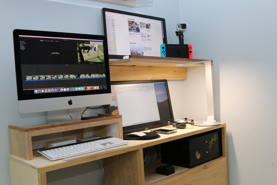 Wooden Desk for Home Office Low Profile Desk Floating Monitor