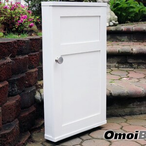 May include: White cabinet with a single door and a silver knob. The cabinet is standing on a brick patio.