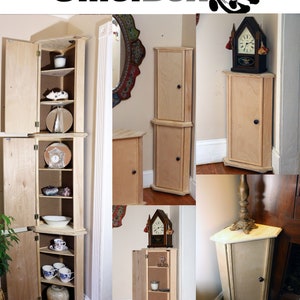 May include: A set of three corner cabinets made of light wood. The cabinets have a simple design with a single door and a shelf inside. The cabinets are shown in different configurations, with one cabinet open to show the shelf inside. The cabinets are perfect for adding storage space to a corner of a room.