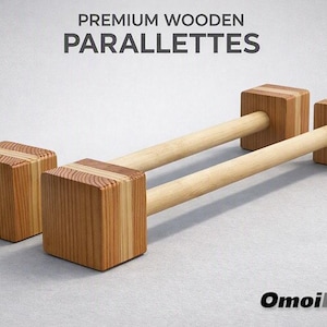May include: A pair of wooden parallettes featuring two cylindrical bars connected to four square wooden blocks. The text PREMIUM WOODEN PARALLETTES is printed above the equipment, and the brand name OmoiBox is printed in the bottom right corner.