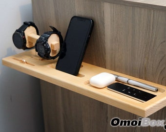 Estante flotante junto a la cama y organizador de almacenamiento - Mesita de noche para dormitorio / soportes para relojes, soporte para teléfono, soporte para anillos. estante de pared de madera