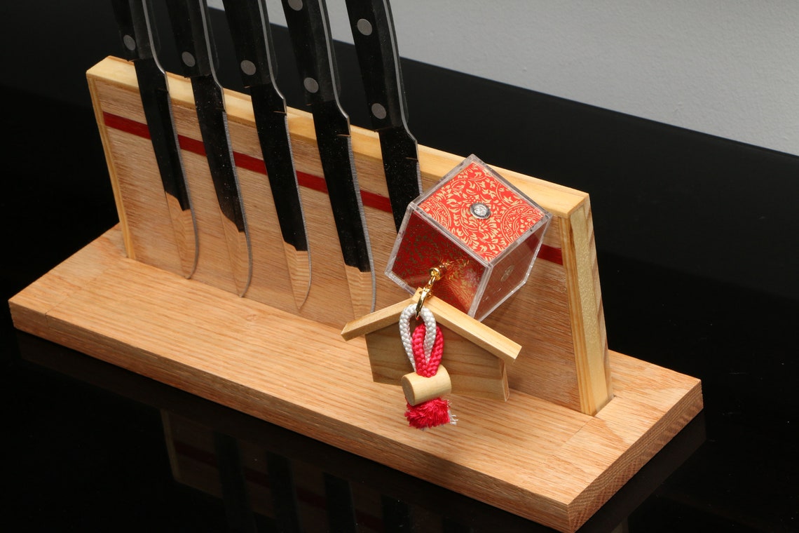 Oak Wood Steak Knife Holder With Elegant Red Stripe Custom Etsy