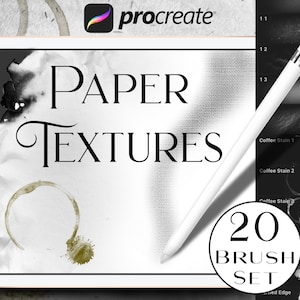 Op de afbeelding: Een digitaal tabletscherm toont een set van 20 papiertextuurpenselen voor de Procreate-app. De tekst "PAPER TEXTURES" wordt weergegeven in een groot, vet lettertype. Het scherm toont een verscheidenheid aan penseelstreken, waaronder koffievlekken, gekreukt papier en gestructureerde lijnen.