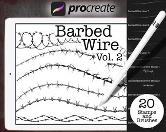 May include: A digital illustration of 20 barbed wire stamps and brushes for the Procreate app. The image shows a variety of barbed wire designs, including straight lines, curved lines, and stylized stamps. The text "Barbed Wire Vol. 2" is displayed at the top of the image.