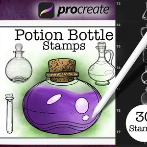 May include: A digital illustration of 30 potion bottle stamps for Procreate. The stamps are in various shapes and sizes, including round, square, and rectangular. The bottles are filled with different colored liquids, and some have cork stoppers. The text "Potion Bottle Stamps" is at the top of the image.