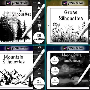 Nature Scenery Combo Pack 88 brushes Procreate  - Tree, Grass, Mountain, Moons, Stars, Clouds- Stamp Brushes