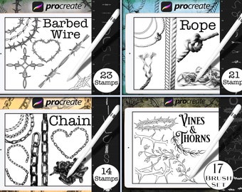 May include: Four digital illustrations of different types of procreate stamps: barbed wire, rope, chain, and vines and thorns. Each illustration is displayed on a tablet screen with a stylus.