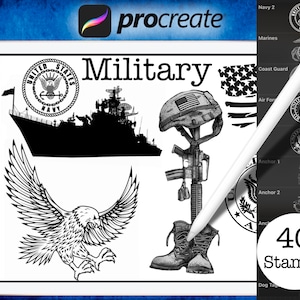 May include: A digital illustration of 40 military-themed stamps for the Procreate app. The stamps include a ship, eagle, boot, rifle, helmet, and various military insignia.