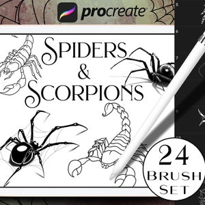 May include: A digital illustration of a spider and scorpion brush set for Procreate. The set includes 24 brushes and features black and white line art of spiders, scorpions, and spiderwebs.