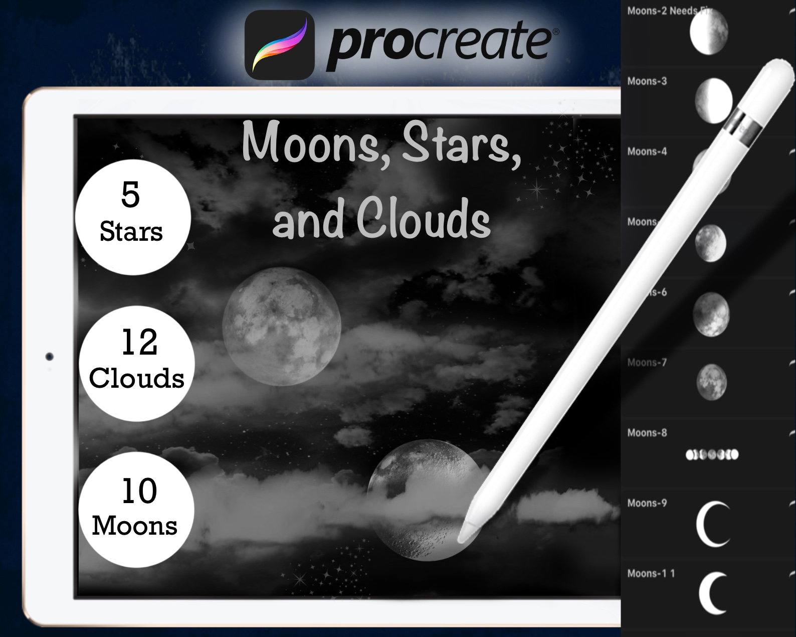 Moons Stars and Clouds Procreate Brushset - Stamp Brushes - Etsy