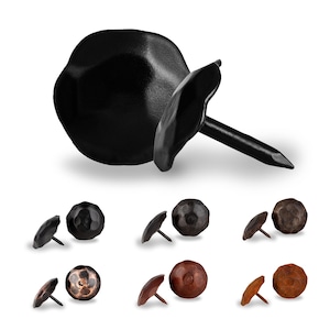 May include: A set of six decorative nail heads in three different finishes: black, brown, and copper. The nail heads have a hammered, textured surface and a round shape.