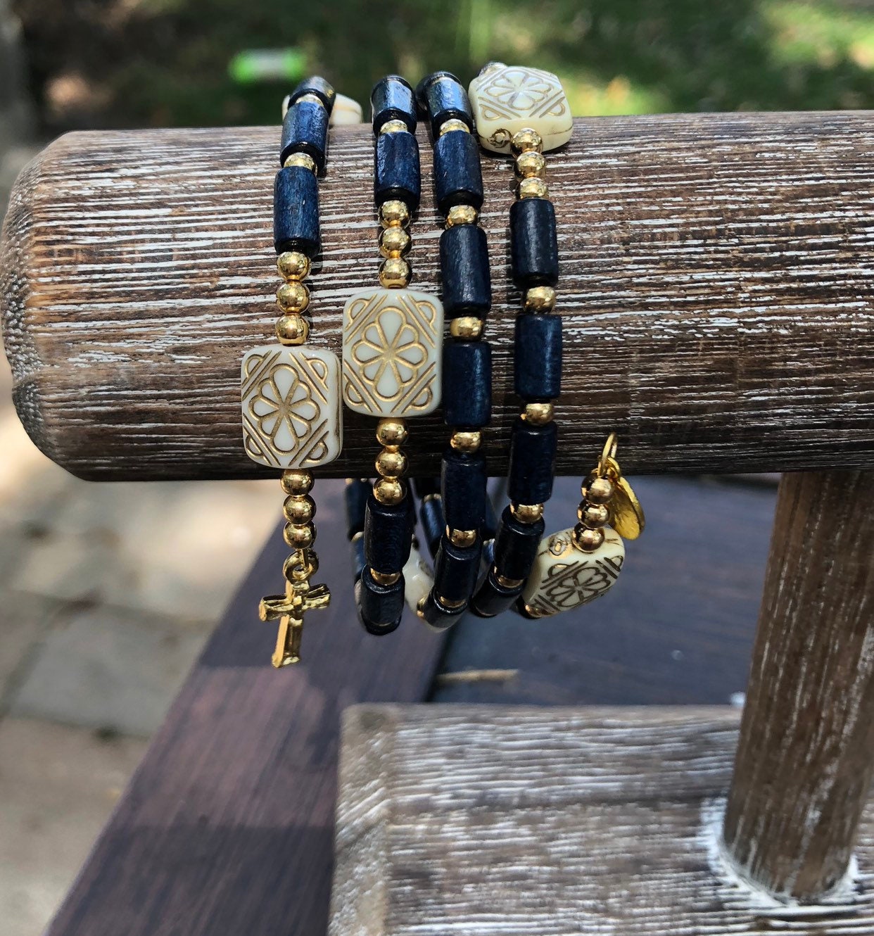 Navy blue and gold rosary bracelet