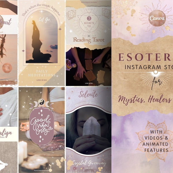 15 Esoteric, Mystic, Reiki, Tarot, Witchy, Purple, Instagram Reels, Stories, TikTok, Canva Templates, Spiritual Business, Video Templates