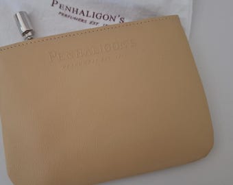 Penhaligon's Leather Cosmetics Bag: Dark Cream Purse with Perfume Bottle Charm
