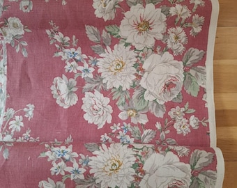1920s Sanderson Floral Fabric Remnant: Deep Pink Linen, 3m x 38cm