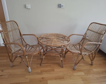 1960s Vintage Italian Bamboo + Rattan Set of 2 x Armchairs, 1 x Table & 1 x Plant Stand - 1960s