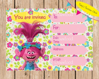 Trolls Instant Download Invitation. Digital File. Designed to be printed and handwritten. Fill in blanks. JPG, PDF. Birthday Party.