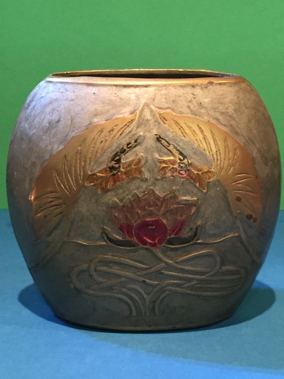 VINTAGE BRASS Enameled SIGNED Vase By A. Dellaux Etsy