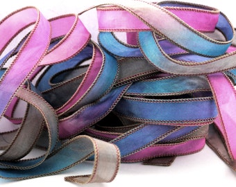 Hand dyed silk ribbon- silk ribbon- habotai- silk wrap bracelet-ruban-sand-pink-turquoise