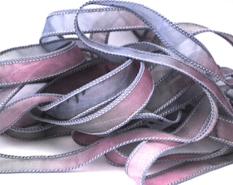 Hand dyed silk ribbon- habotai- silk wrap- silk wrap bracelet-satin-grey-lavender-pink