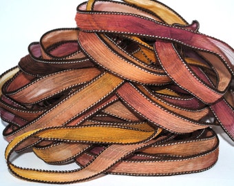 Hand dyed silk ribbon- crinkle silkwrap- silk wrapbracelet- crinkle crepe-red-orange-yellow