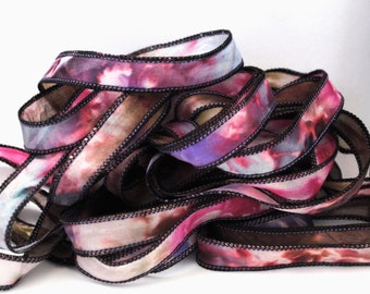 Handgeverfd habotai zijdelint- gladde zijde -satijn-wikkelarmband -tie dye-roze-bruin-lavendel-groen-bordeau#170