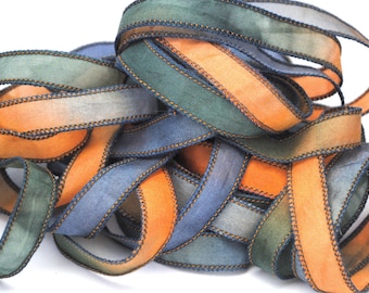 Hand dyed silk ribbon- habotai- silkwrap- silk wrapbracelet- satin-green-blue-orange