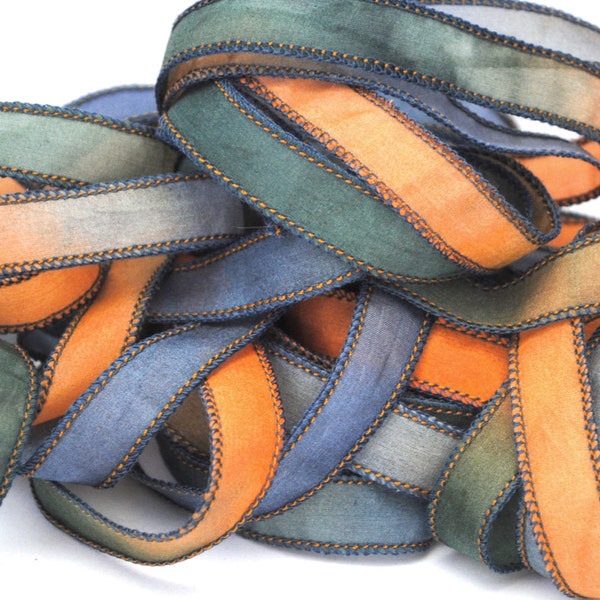 Handgeverfd habotai zijdelint- gladde zijde -satijn-wikkelarmband -groen-oranje-blauw #113