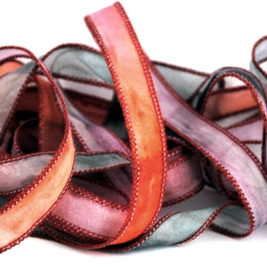Hand dyed silk ribbon- silk ribbon- habotai- silk wrap bracelet-ruban de soie-seidenband-pink-orange-grey
