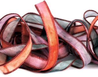 Hand dyed silk ribbon- silk ribbon- habotai- silk wrap bracelet-ruban de soie-seidenband-pink-orange-grey