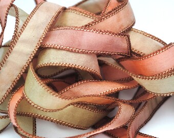 Hand dyed silk ribbon- habotai- silkwrap- silk wrapbracelet- satin-salmon-green-terracotta
