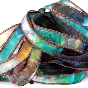 Hand dyed silk ribbon- habotai- silkwrap- silk wrapbracelet-satin-seidenband-ruban de soie-green-yellow-purple