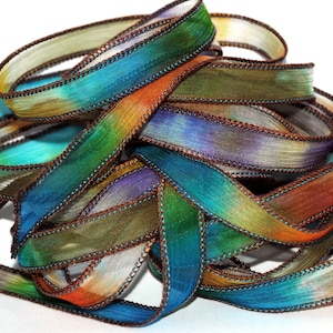 Hand dyed silk ribbon- silk ribbon-crinkle silkwrap- silk wrap bracelet- tie dye-crinkle crepe-ruban de soie--green-blue-orange-