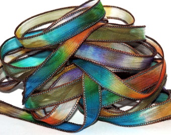 Handgeverfd soie soie ruban Ruban-frisolée-frisolée crêpe-wrap bracelet-tie dye-cravate teinture ruban-bleu-vert-violet-orange # 184