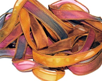 Handgeverfd crinkle Silk Ribbon-frisolée crêpe-wrap bracelet-gris-rose-orange # 204