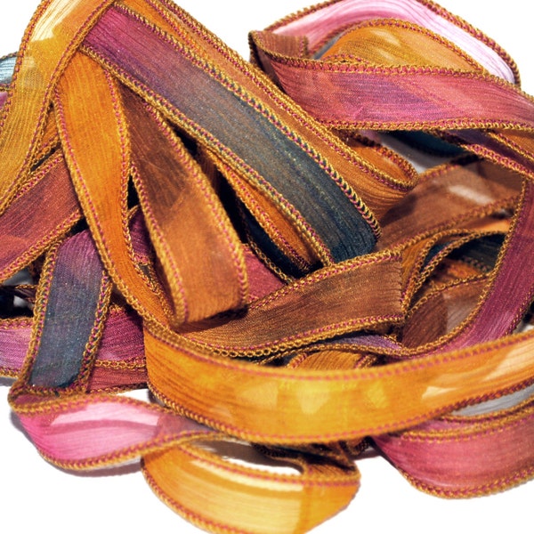 Hand dyed silk ribbon- crinkle silkwrap- silk wrapbracelet- crinkle crepe-orange-pink-grey