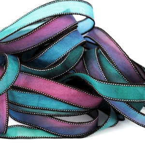 Hand dyed silk ribbon- habotai- silkwrap- silk wrapbracelet-satin-seidenband-ruban de soie-purple-gree-blue